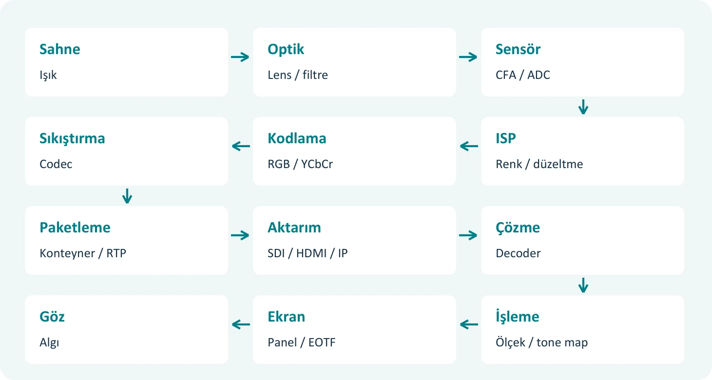 Tipik uçtan uca video zinciri. Sıkıştırılmamış SDI gibi bir yolda codec ve konteyner blokları atlanabilir. CFA: renk filtre dizisi; ADC: analog-sayısal dönüştürücü.